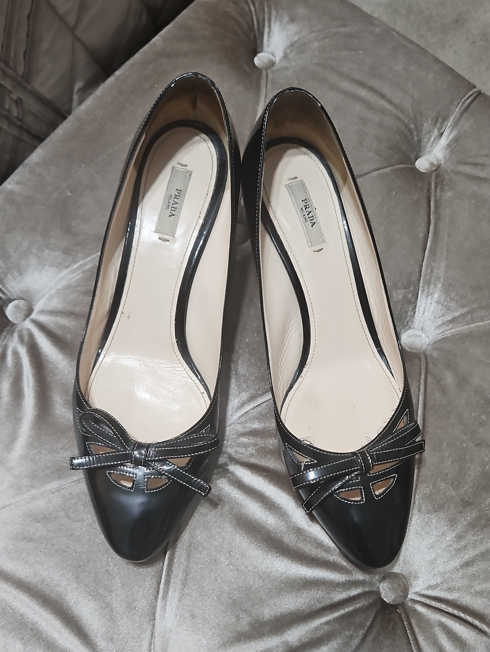 Prada Black Patent Leather Pointed Bow Pumps